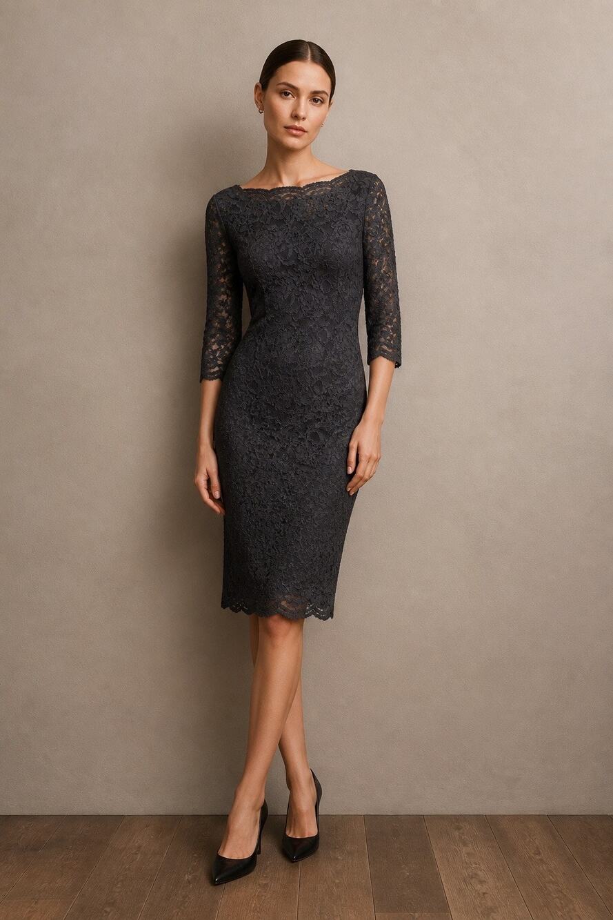 Le Chateau Boat Neck 3/4 Sleeve Black Lace Midi Dress Womens XS Party Cocktail